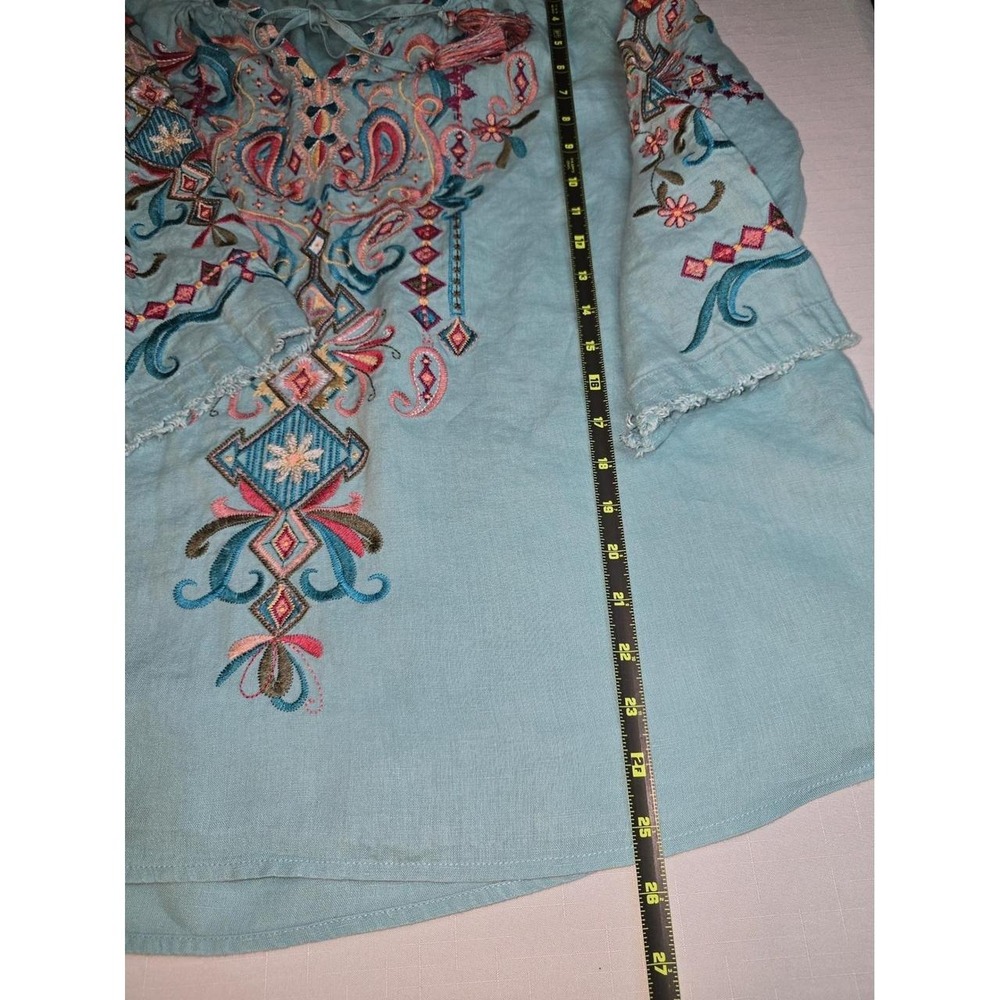 John Mark Womens XL Blue Embroidered 100% Linen Tassel Tie Peasant Blouse Boho - Picture 6 of 8